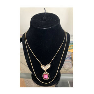 Vintage Gold Tone Double Strand Pink Stone Necklace
